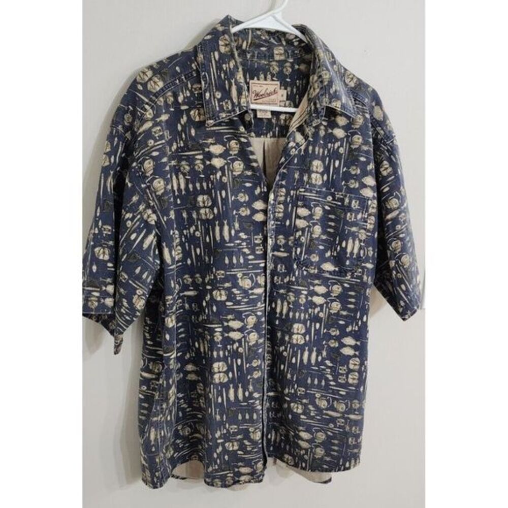 Vintage Woolrich Shirt Mens XL Denim Fishing Print Short‎ Sleeve Button Up